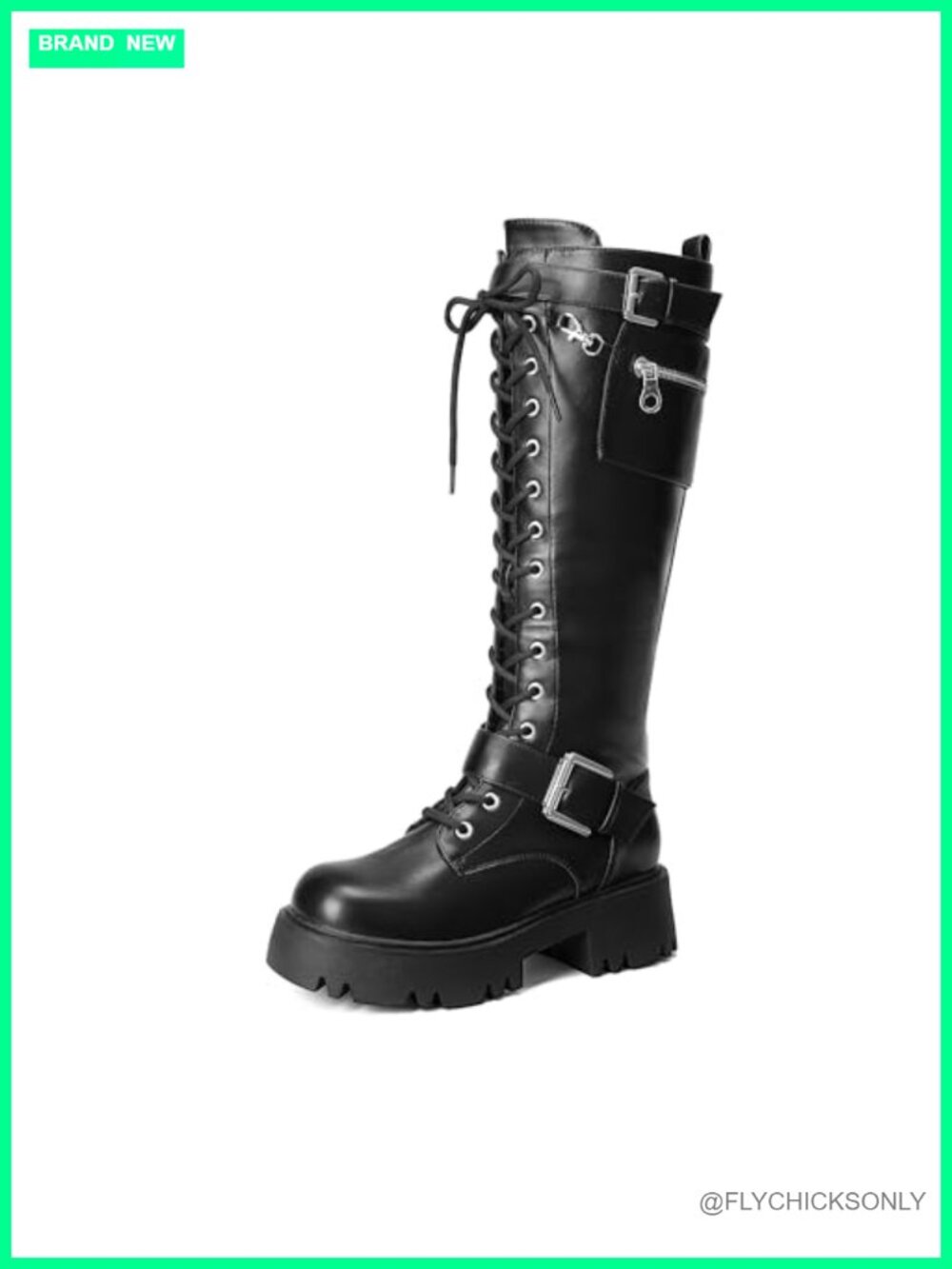 Womens Knee High Combat Boots Platform Heels Faux Leather Lace Up
